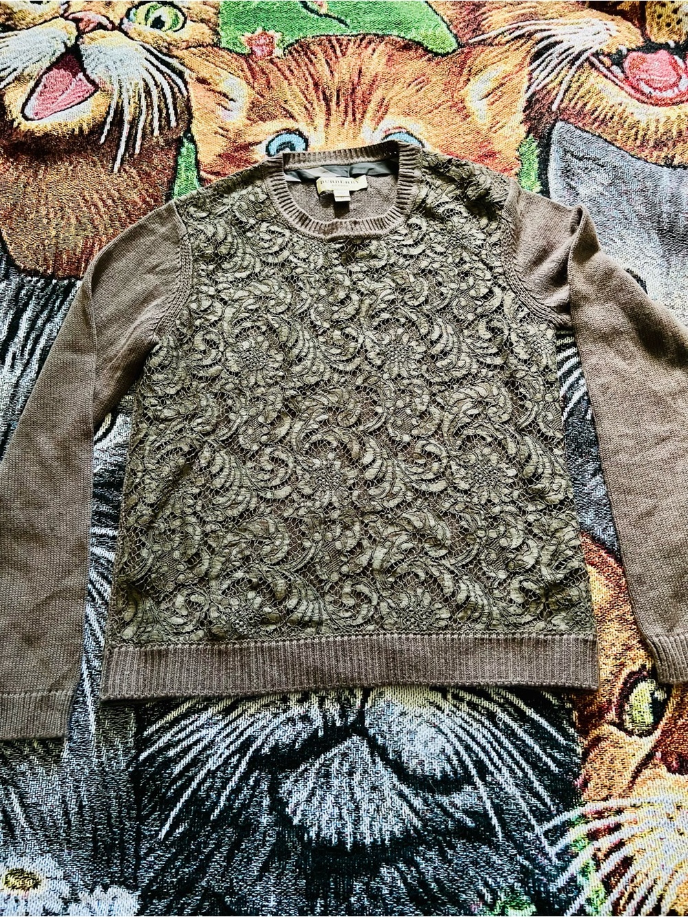 Burberry Olive Crewneck Sweater with Lace-Textured Front